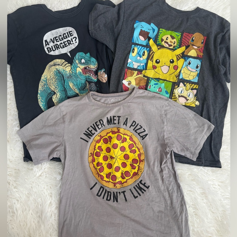 Boys set of 3 Graphic Kids T-Shirts Set - Pokeman Dinosaur Pizza size 10/12